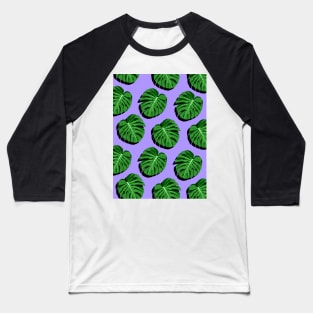 Monstera Leaves on Purple Background Baseball T-Shirt